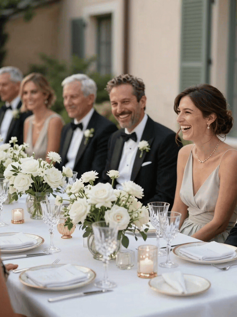 A candid moment at a luxury birthday celebration. Guests in formal attire are laughing around a beautifully decorated table with crystal glasses and white flowers, in a Southern European villa setting.