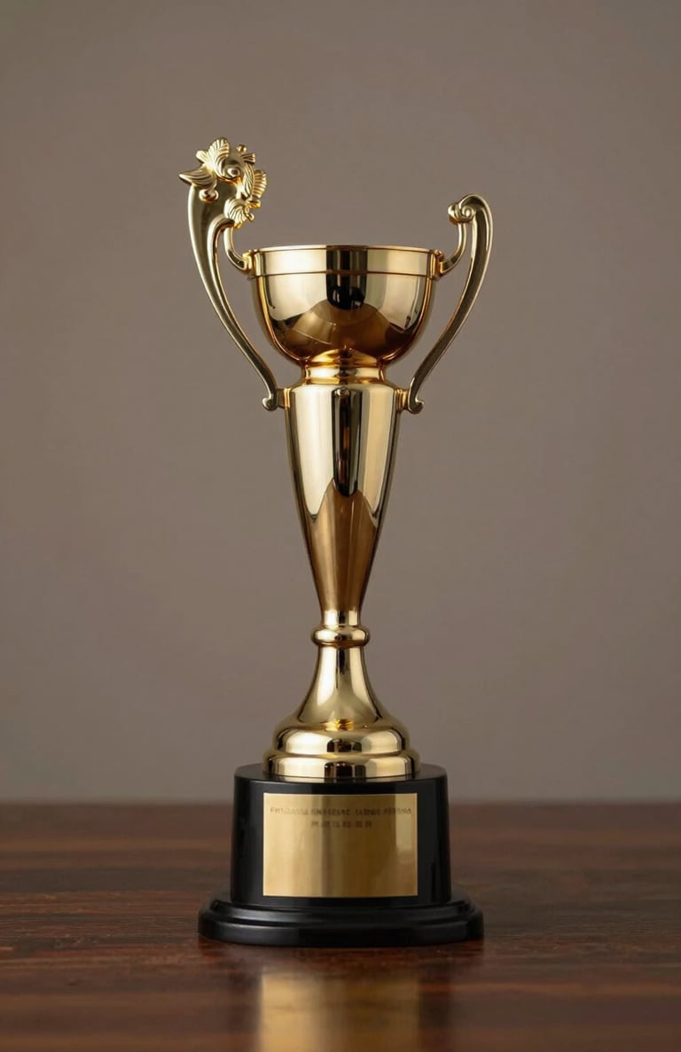 A polished gold award trophy sitting on a dark wood table against a #2B2D42 background. Elegant lighting highlighting the metallic sheen and the sophisticated atmosphere.