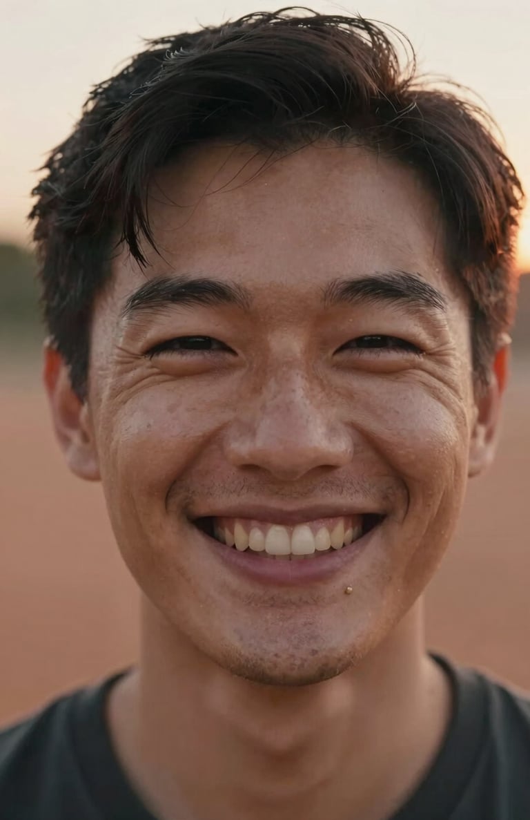 A close-up portrait of a person smiling with authentic joy, outdoor North American setting, warm Terracotta tones in the backlight.
