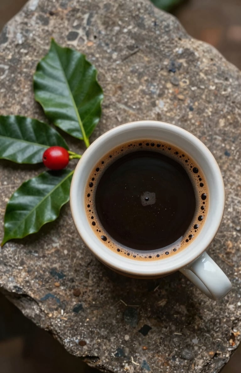 Top-down view of a ceramic cup filled with black coffee, showing a perfect crema. Next to it, a small sprig of coffee leaves with a single red cherry. Set on a rustic stone surface in a South American / Latin courtyard.