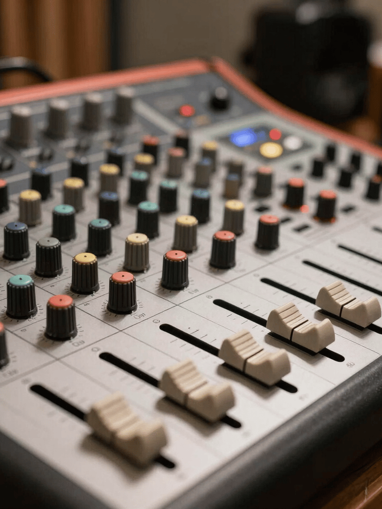 Professional soundboard in a music studio, knobs and faders in focus, soft coral and antique white ambient lighting, South American professional setting.