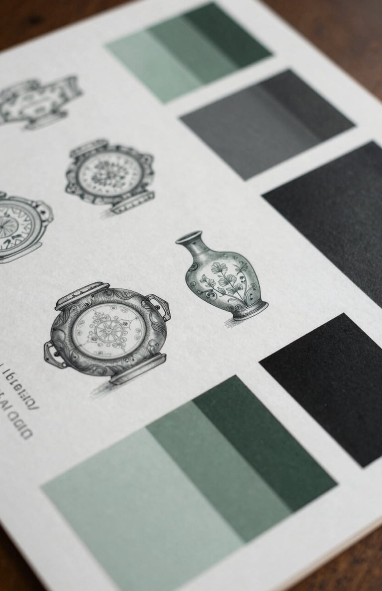Close-up of a concept board for a design thesis, featuring sketches and swatches in sage green and charcoal black, East Asian / South Asian influenced for a global luxury audience creative context.