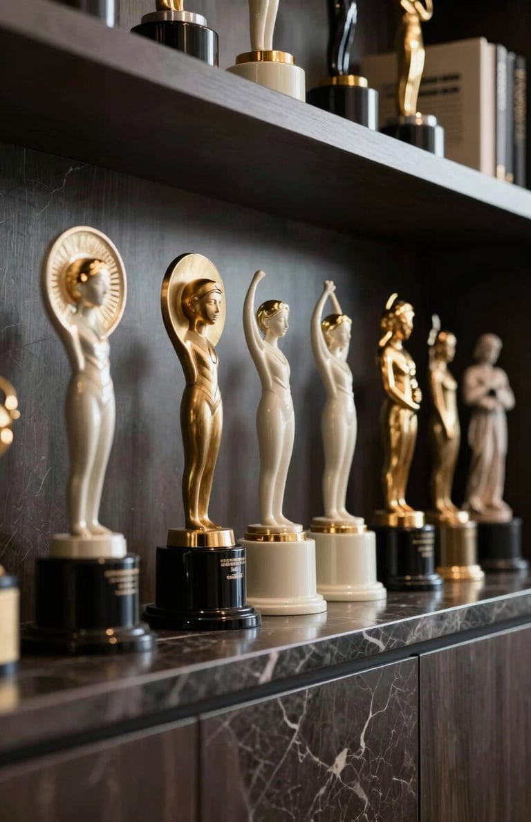 A row of prestigious film awards sitting on a dark marble shelf in a professional studio office. The lighting is cinematic, creating elegant off-white highlights on the metal surfaces.