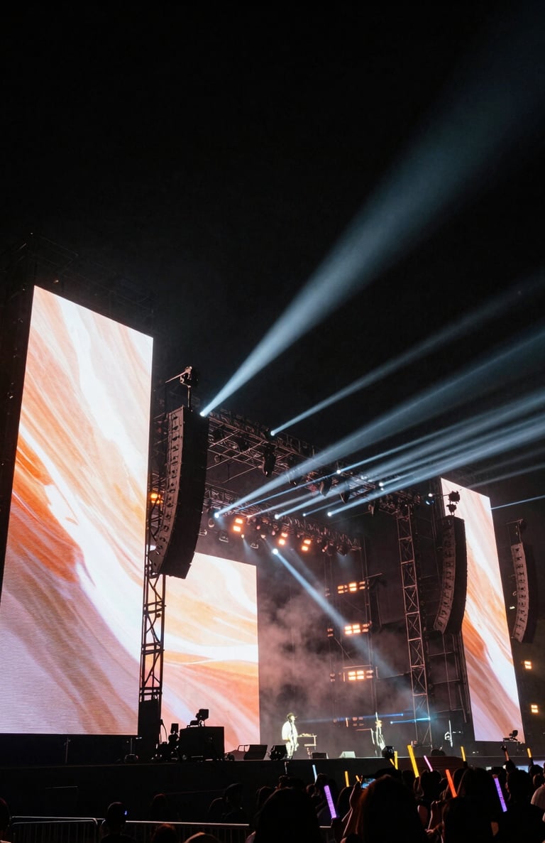 Massive live event stage, towering LED screens, dramatic laser beams piercing through haze, low-angle wide shot, high-contrast.
