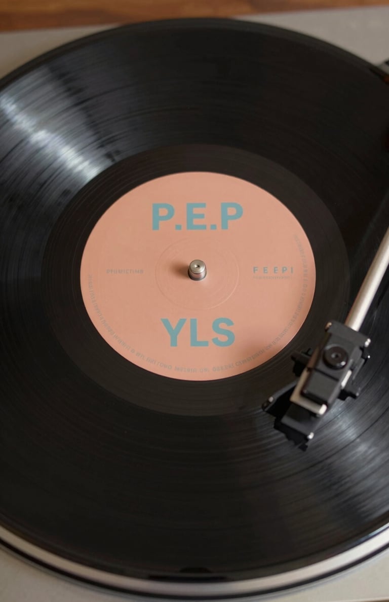 An overhead shot of a premium vinyl record spinning, the label featuring P.E.P YLS branding in #F5F5EB on a #3D2C20 background, warm and inviting atmosphere.