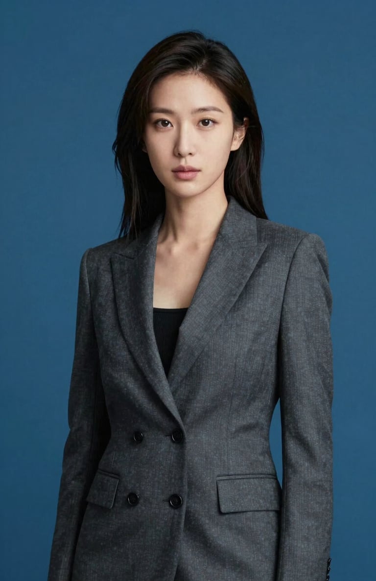 Sophisticated photography of a professional woman in a minimalist charcoal blazer, standing against a cerulean blue background, North American setting.