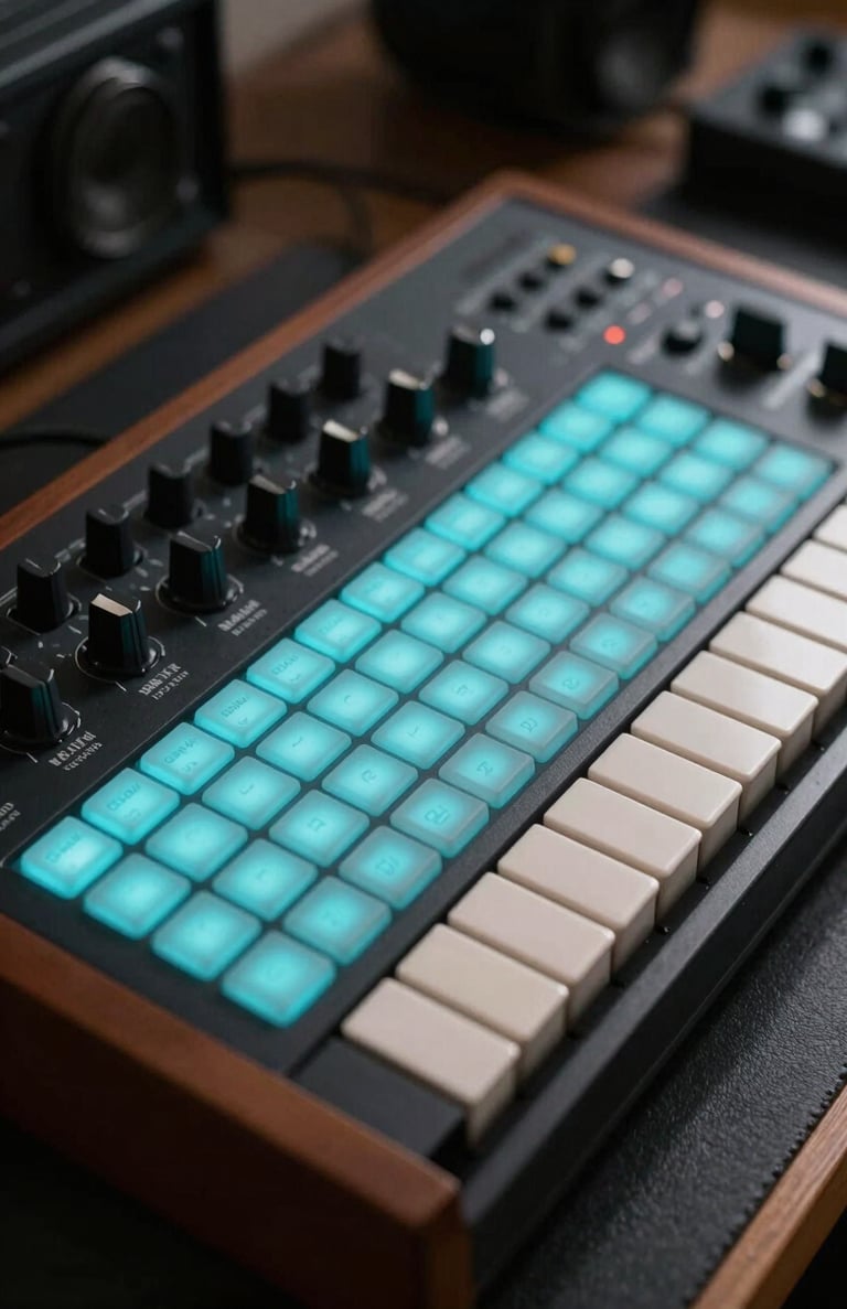 Detail of a synthesizer with glowing cyan pads and buttons, sitting in a dark creative space. Soft white highlights, South American / Colombian studio.