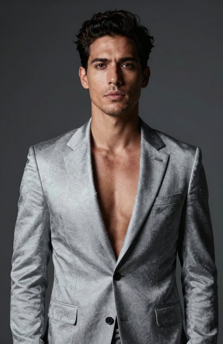 A high-fashion portrait of a man with a confident expression, wearing a silver gray blazer, studio lighting with deep charcoal gray shadows, South American / Brazilian aesthetics, sophisticated mood.