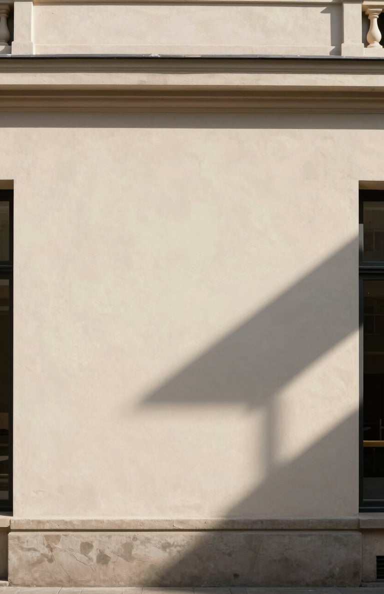 Abstract play of light and shadow on a pale beige architectural wall in a North American / European city, clean lines and timeless elegance.