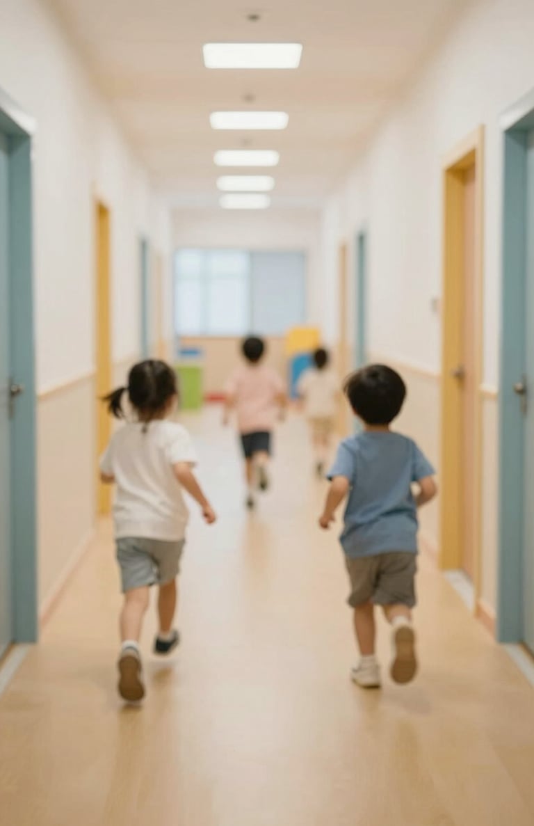 Toddlers running through a bright, safe hallway designed with play and visibility in mind.