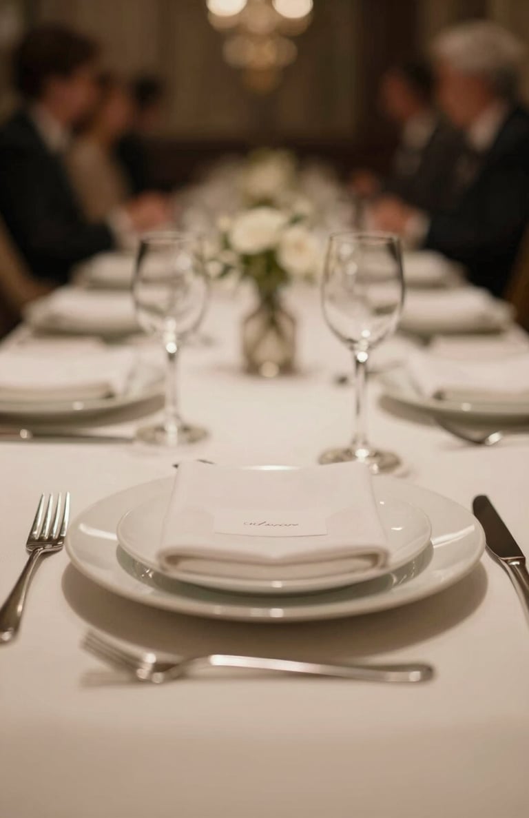 Detail of elegant table setting at a high-end corporate gala, soft bokeh, warm lighting highlighting #F2F1ED textures against #403B3B shadows.