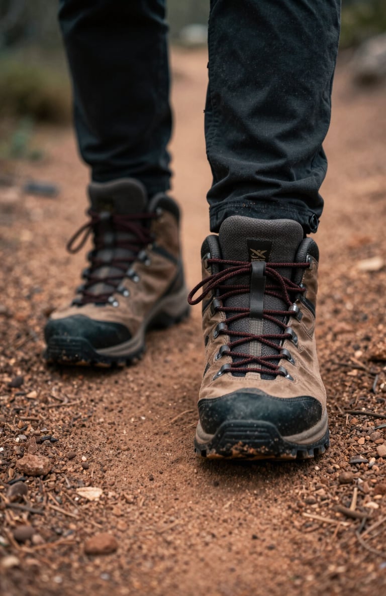 Close-up of hiking boots on a trail in a North American national park. Authentic lifestyle texture, cinematic lighting with Soft Sand dust and Terracotta dirt.