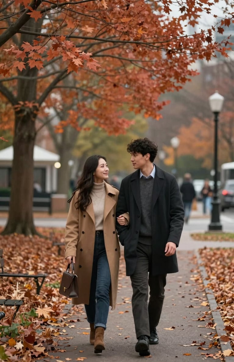 Candid shot of a young couple walking through a North American park in the autumn. Soft terracotta leaves and charcoal urban accents. Natural cinematic lighting and warm atmosphere.
