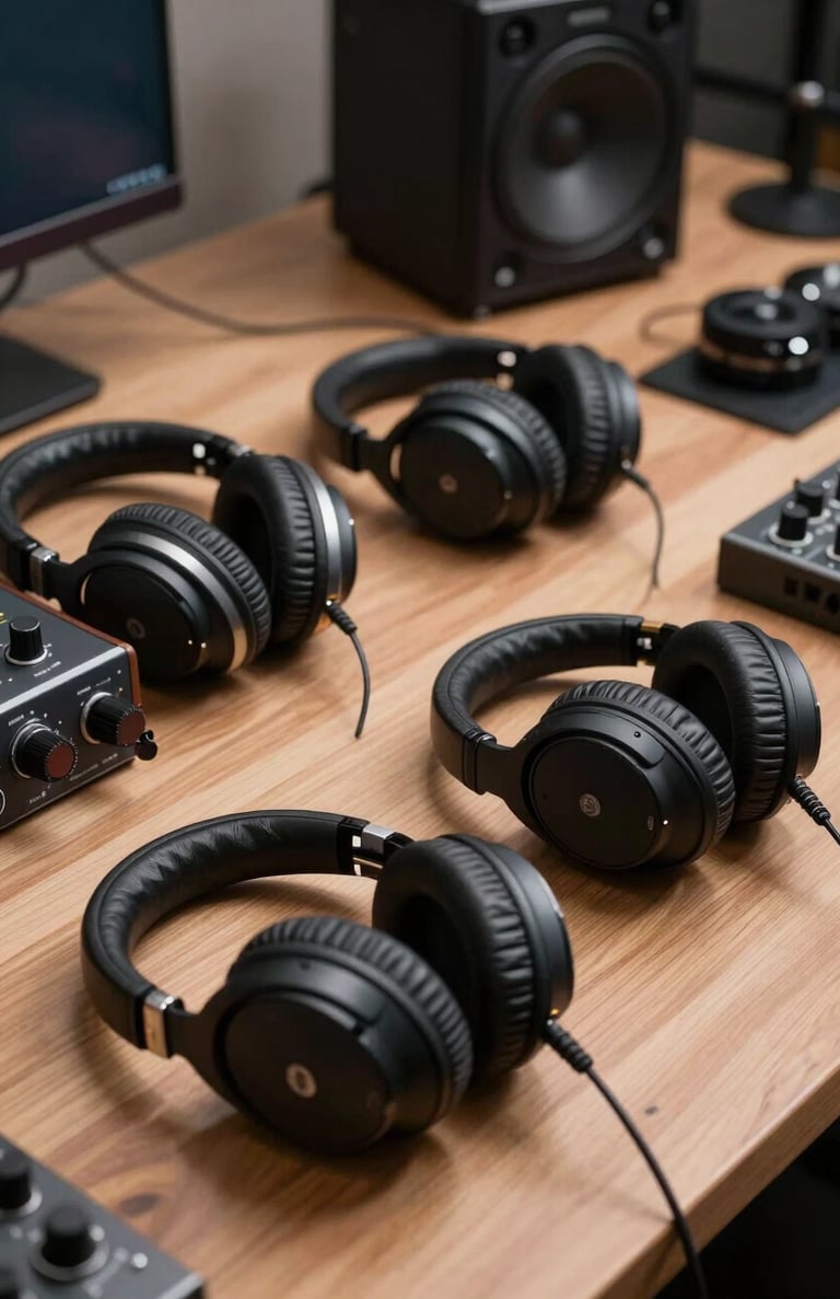 A collection of high-end headphones resting on a wooden studio desk next to an audio interface. Clean, modern, and highly polished photography. Southern European / Spanish setting.