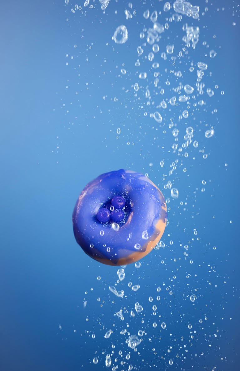 a donut is floating in water surrounded by bubbles