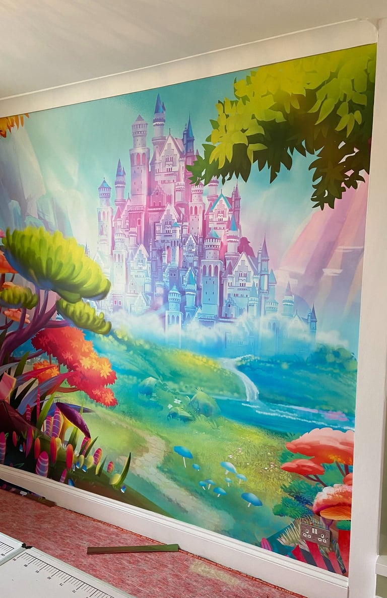 Children’s fantasy castle wall mural in Worthing Sussex, colourful hand painted artwork