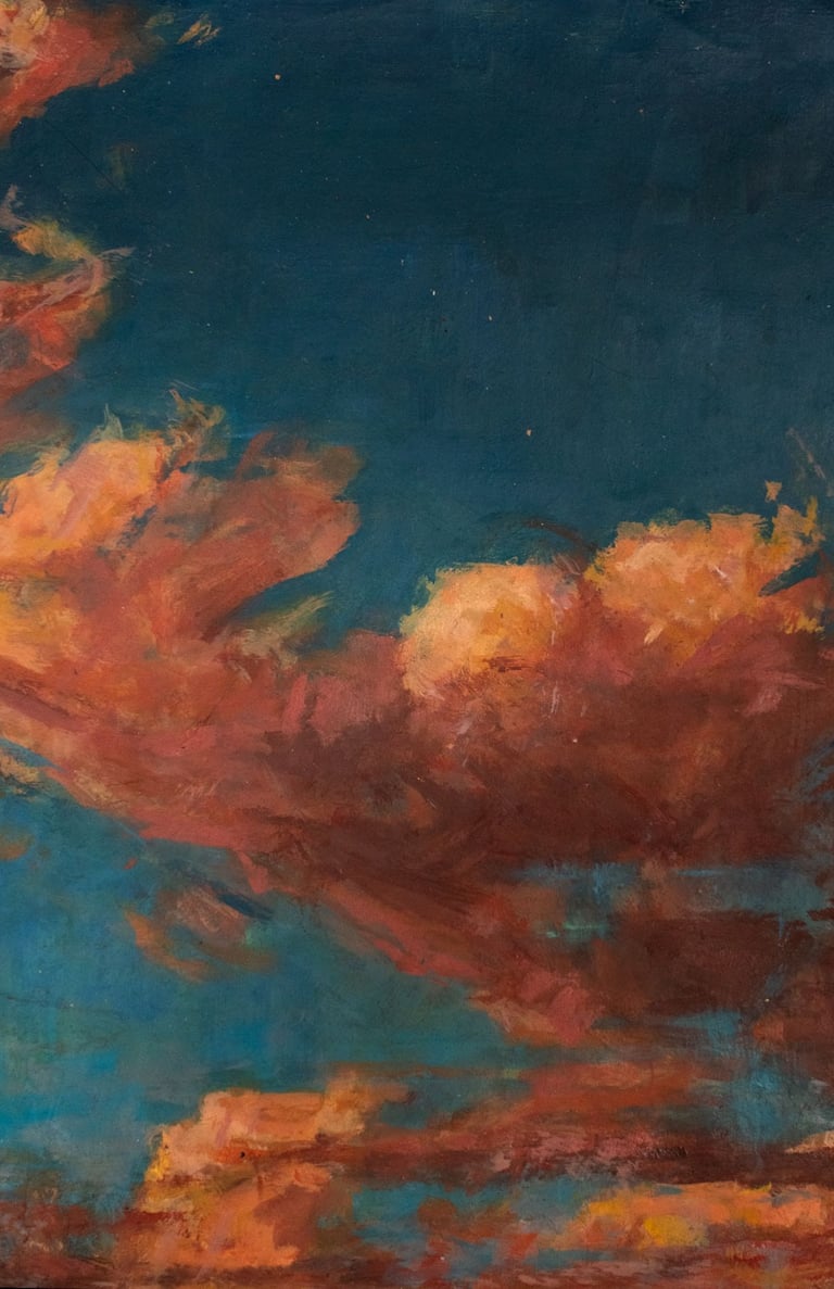 Pintura al óleo de unas nubes rojas al atardecer con luces cálidas y cielo azul