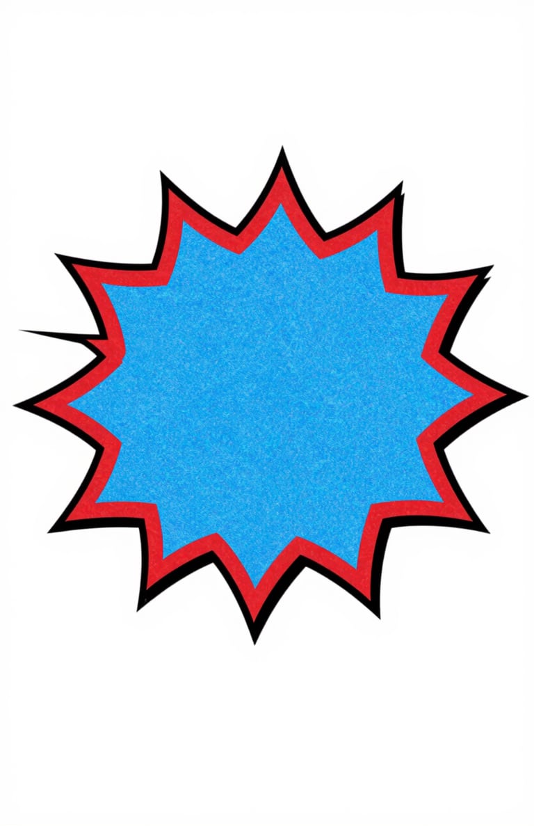 Graphic pop art explosion bubble, flat red #D4202B and blue #0050B3 colors, bold black #1A1A1A outlines, grainy vintage texture, centered composition.