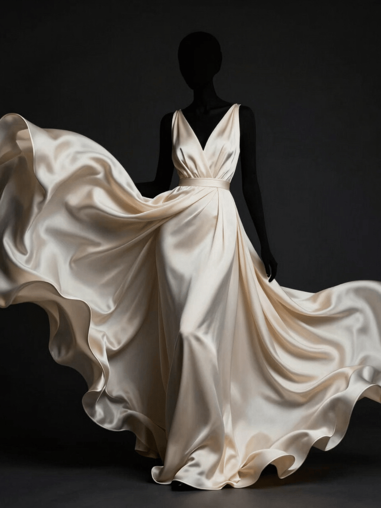 Striking high-fashion silhouette emphasizing elegant, fluid curves of a cream silk gown. Rich ebony black backdrop, dramatic magazine-style editorial illumination.