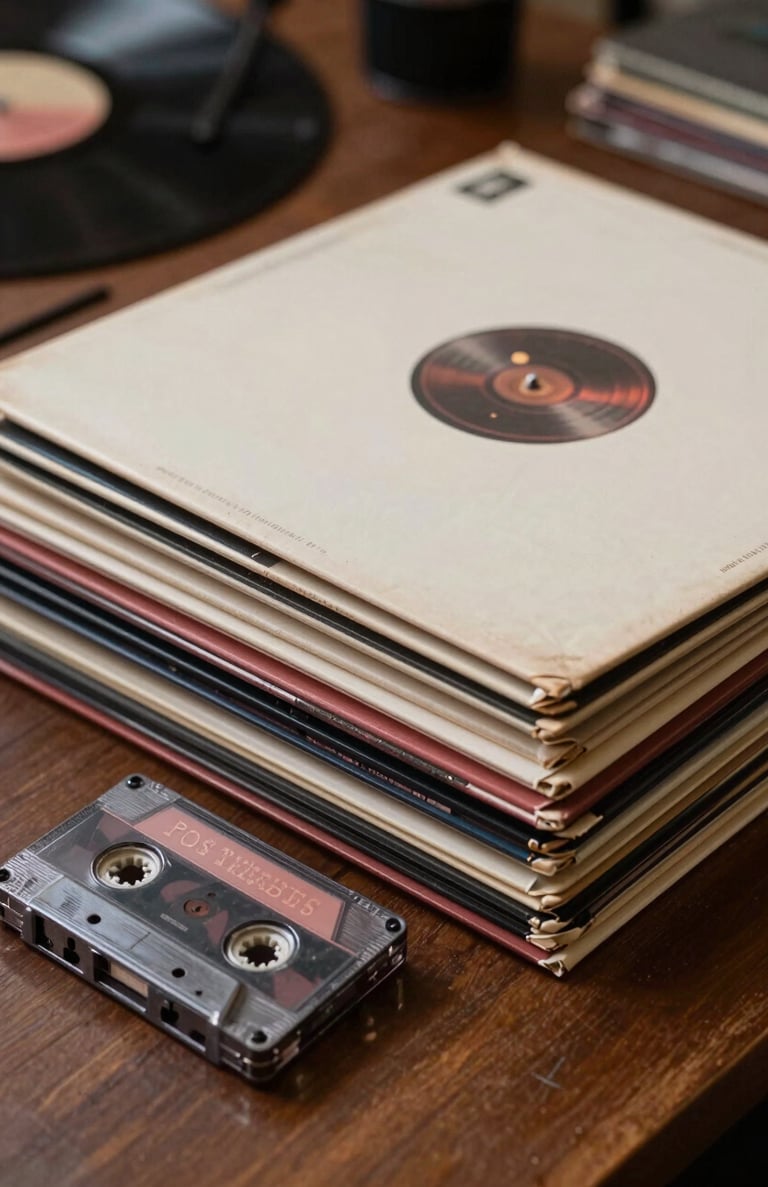 A stack of vintage vinyl records and tapes on a wooden table, colors reflecting muted rosy brown and soft cream parchment, North American / US musician's home.