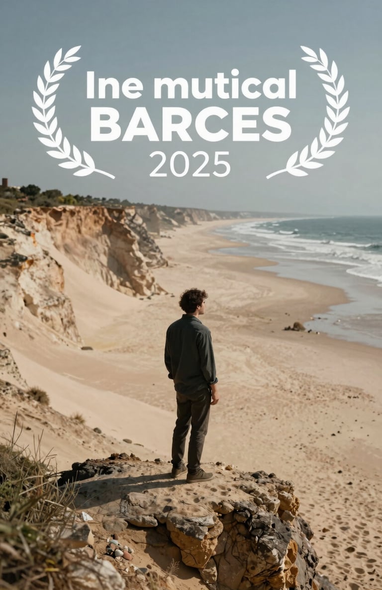 Candid photo of the artist standing on a cliff overlooking their work on the soft sand below, cinematic and contemplative mood.