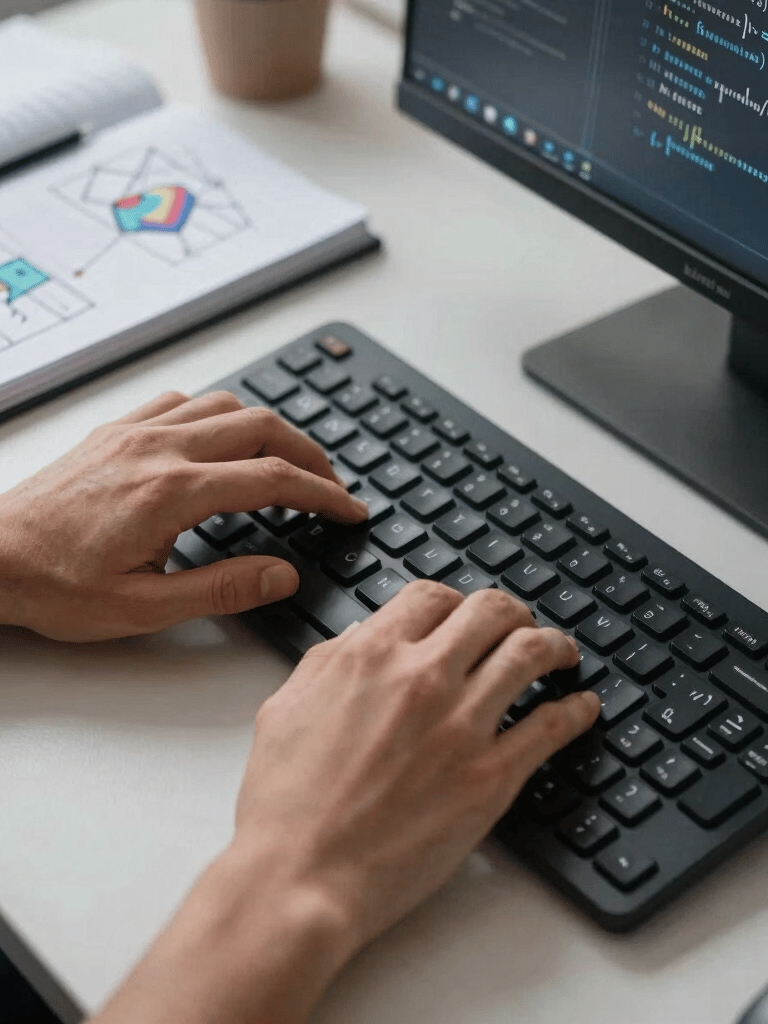 A crisp close-up of a software engineer's hands typing algorithms on an ergonomic keyboard, with notebooks displaying systems architecture sketches nearby.