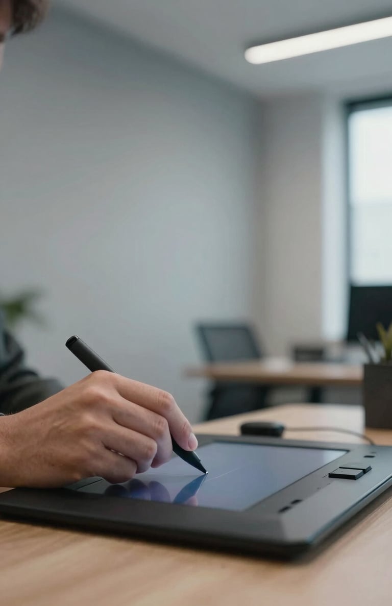 A low-angle shot of a digital artist's hands working on a graphics tablet in a modern North American / US office setting. The room features Mist Grey walls and elegant, soft lighting that highlights the professional environment.