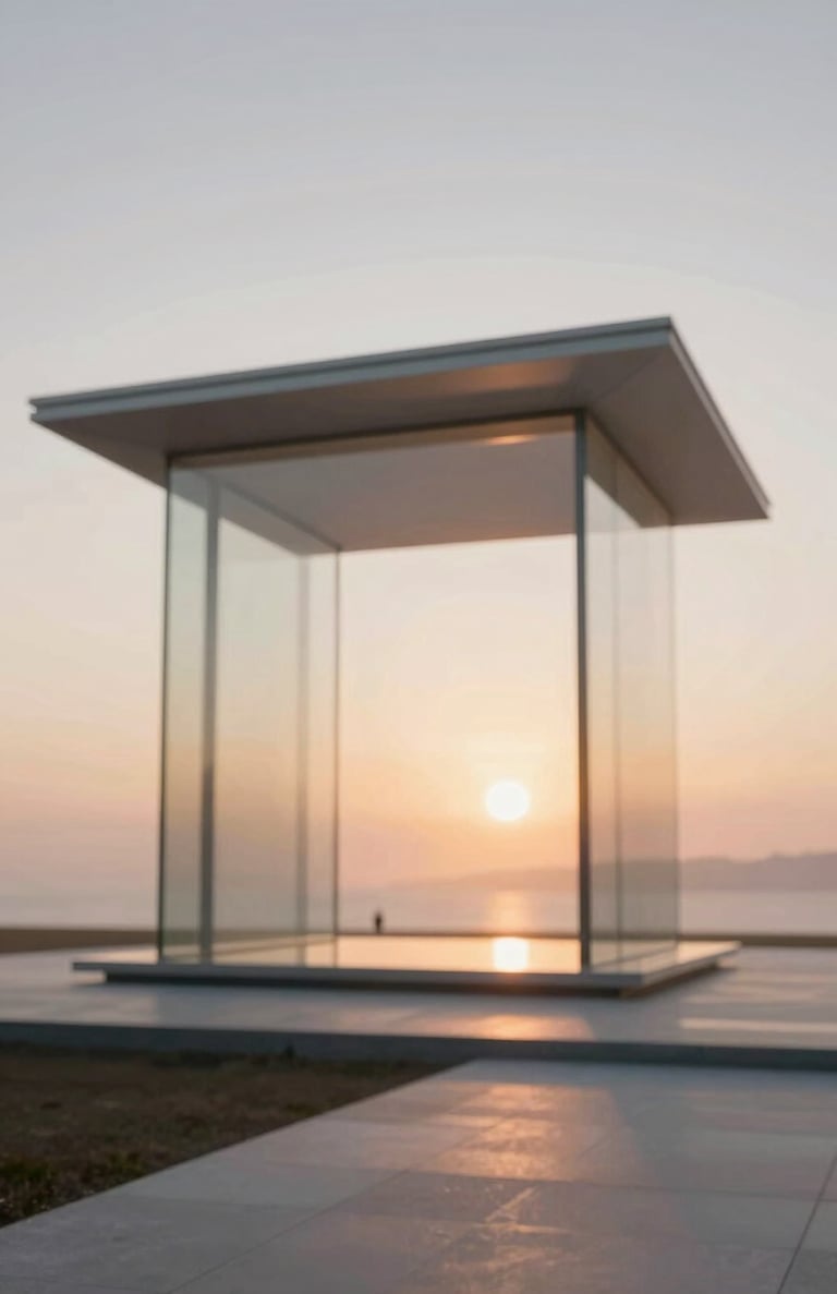 Futuristic architectural visualization, a pavilion made of glass and light, ethereal sunset glow, philosophical atmosphere #F9F7F2 #BC6C47