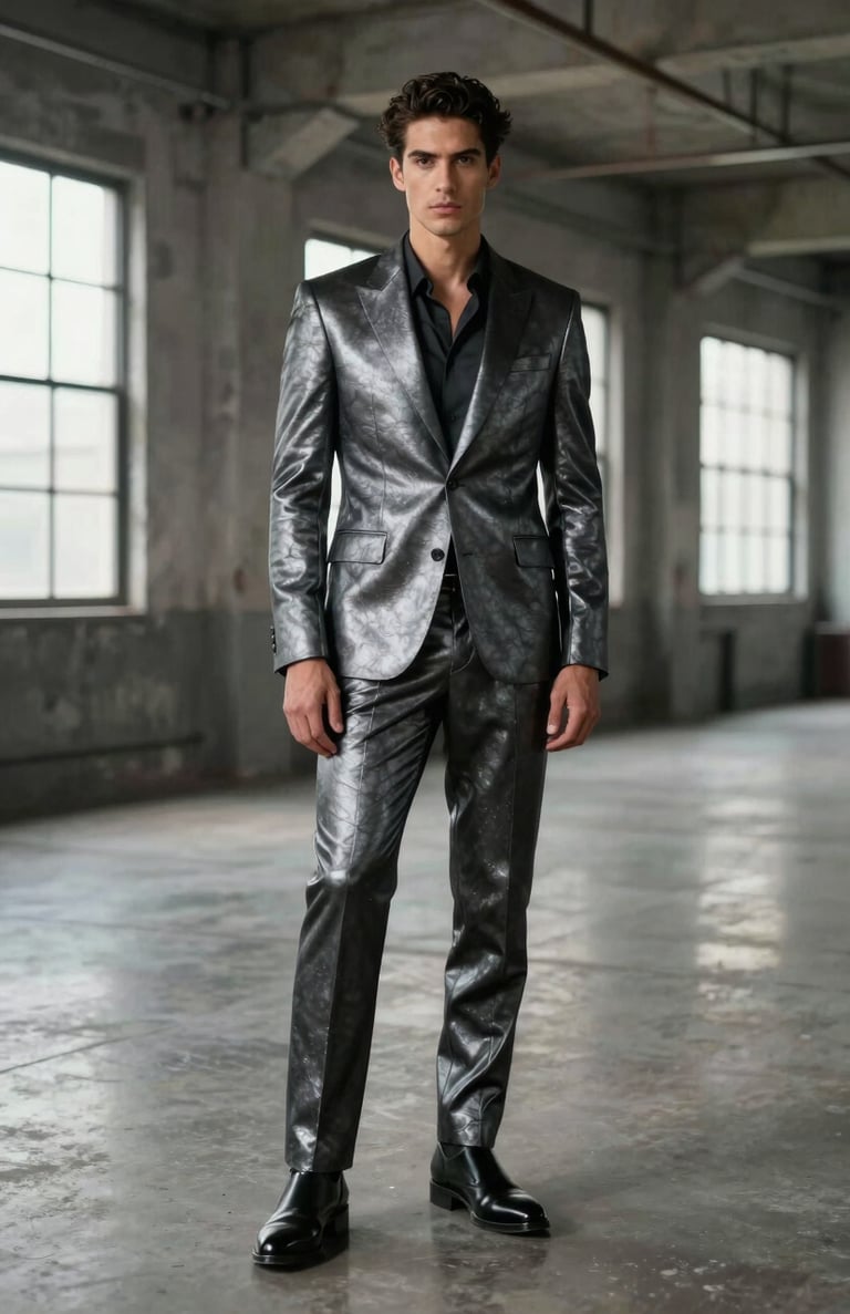 Full body shot of a male model in a dark metallic suit standing in a modern industrial loft, Silver Grey highlights, sharp focus.