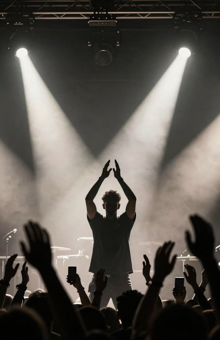 Silhouette of a lead singer raising their hands to the crowd. High contrast, elegant composition with dark anthracite shadows and bright off-white stage lights. Shot at a Western European / Dutch music festival.