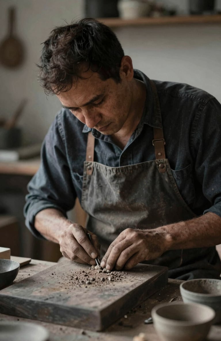 Authentic documentary-style shot of an artisan at work, natural lighting, earthy textures with #1A1A1A depth, sophisticated and raw.