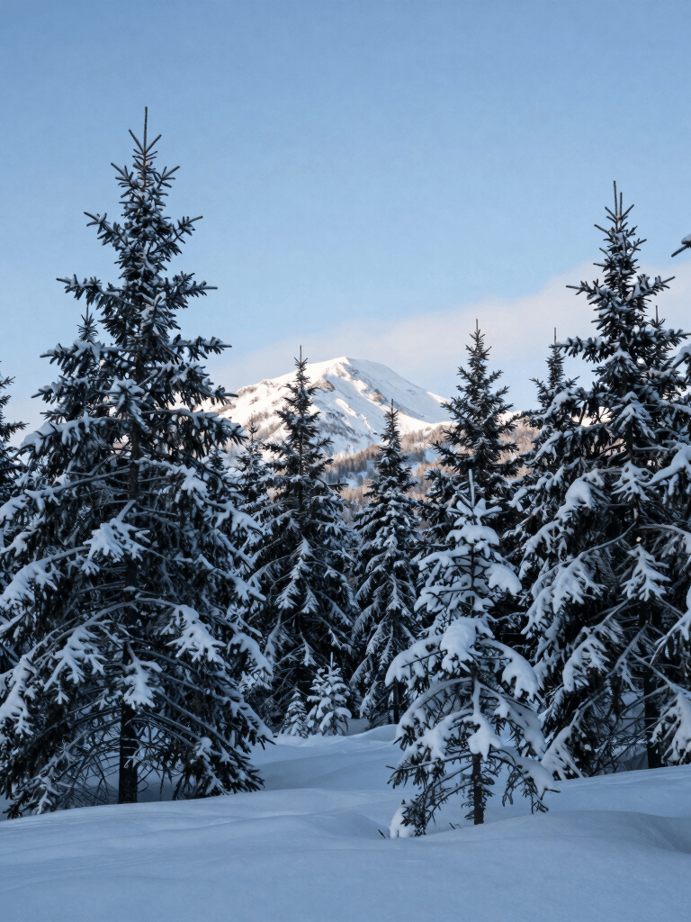A wide landscape of a snow-covered forest in the North American mountains, frosted pine trees under a crisp blue-tinted winter sky, serene and silent winter atmosphere.