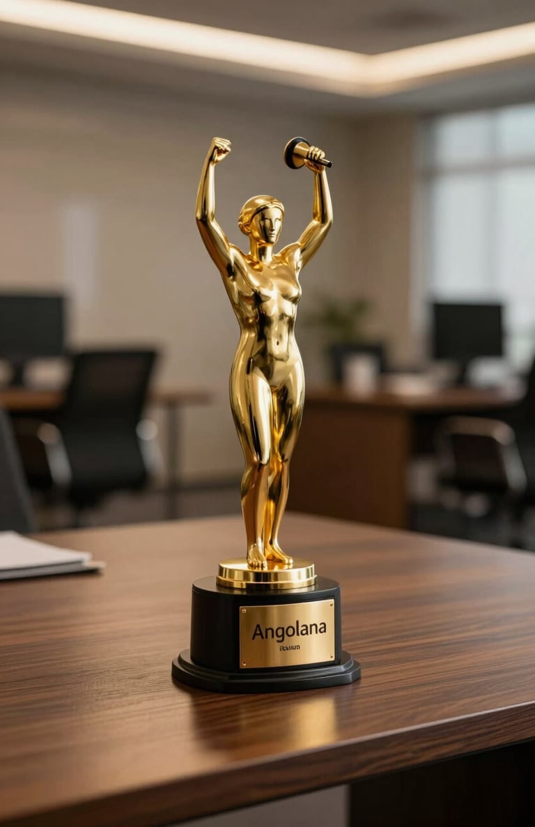 A prestigious film award trophy sitting on a minimalist dark wood desk, warm golden lighting, cinematic bokeh background in an Angolana office.