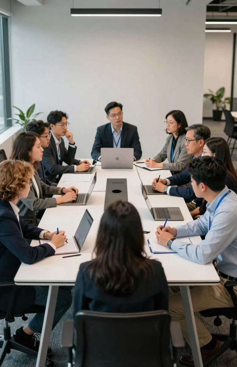 A wide shot of a collaborative meeting in a North American / US tech firm, featuring a diverse group of professionals discussing a project around a white table with black accents.