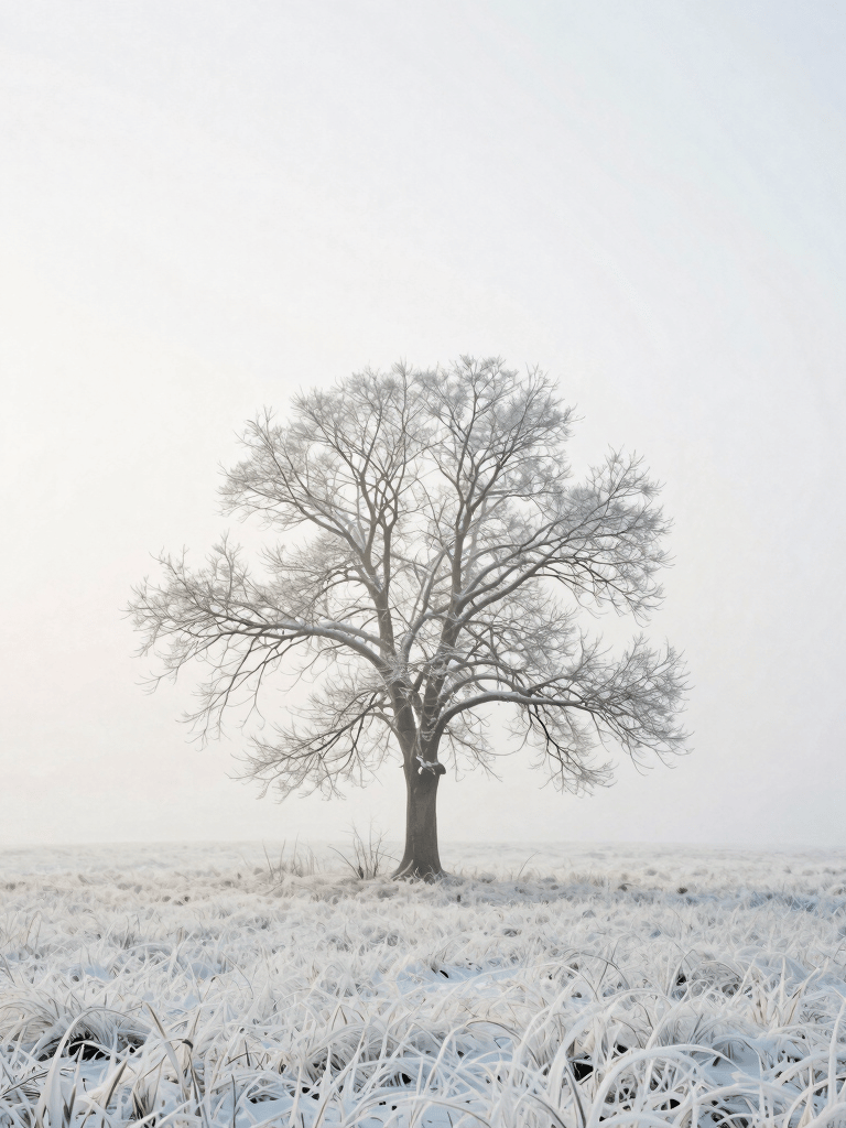 A minimalist landscape of a single tree in a foggy field, shot in high-key style, soft off white and pale silver blue tones, elegant and simple, International / Western.