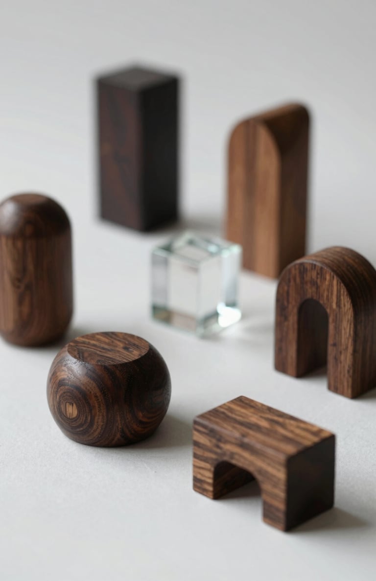 An artistic photograph of limited edition collectible sculptures crafted from sustainable dark wood and glass, arranged on a #F1F4F2 surface. Sophisticated lighting highlights the geometric forms and eco-conscious materials.