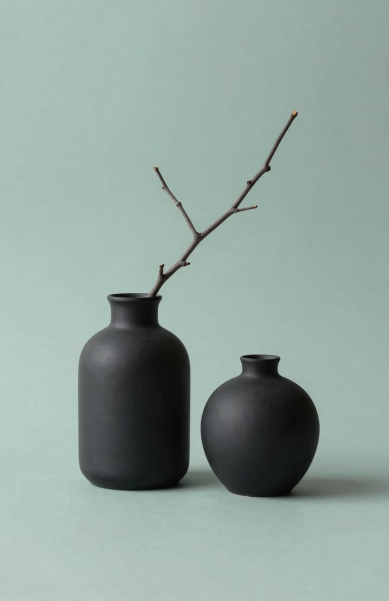 A still life composition of minimalist desk objects: a matte black vase and a single textured branch. Sophisticated use of shadows and light. The background is a soft #A7C5C3, with the objects in deep #1C2826.
