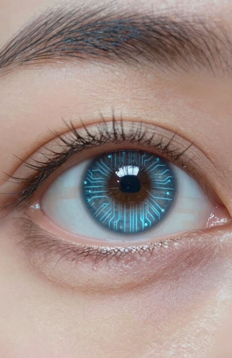 Close-up of a human eye with digital circuitry reflections, sharp hyper-realistic photography style, subtle blue tones from #98C1D9, innovative tech aesthetic.