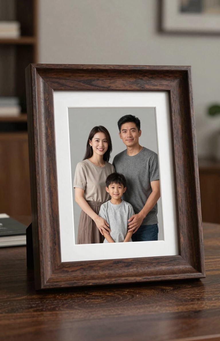 A handcrafted dark wood photo frame featuring a family portrait, set in a modern North American living room, minimalist style.