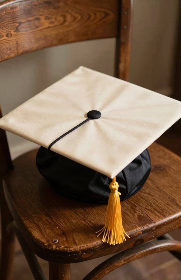 Detail shot of a graduation cap resting on a vintage wooden chair with a soft cream-colored diploma. Warm, nostalgic lighting. North American / US.