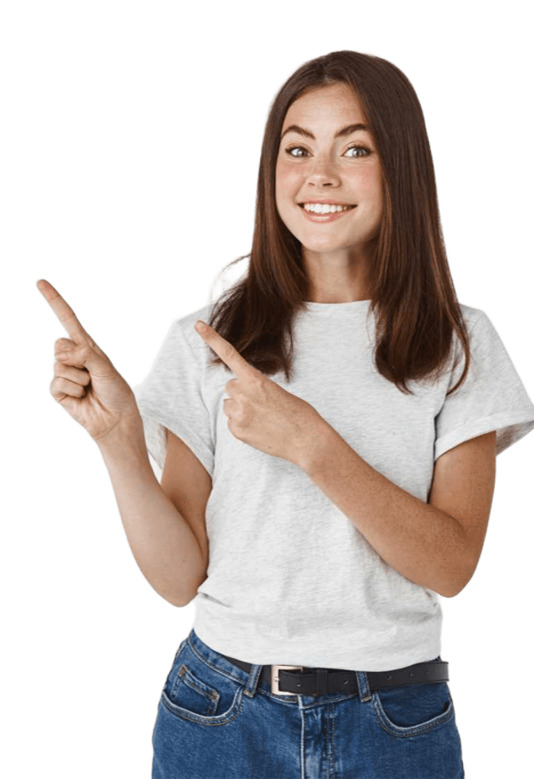 chica con camiseta blanca apuntando con los dedos a un lado con fondo transparente
