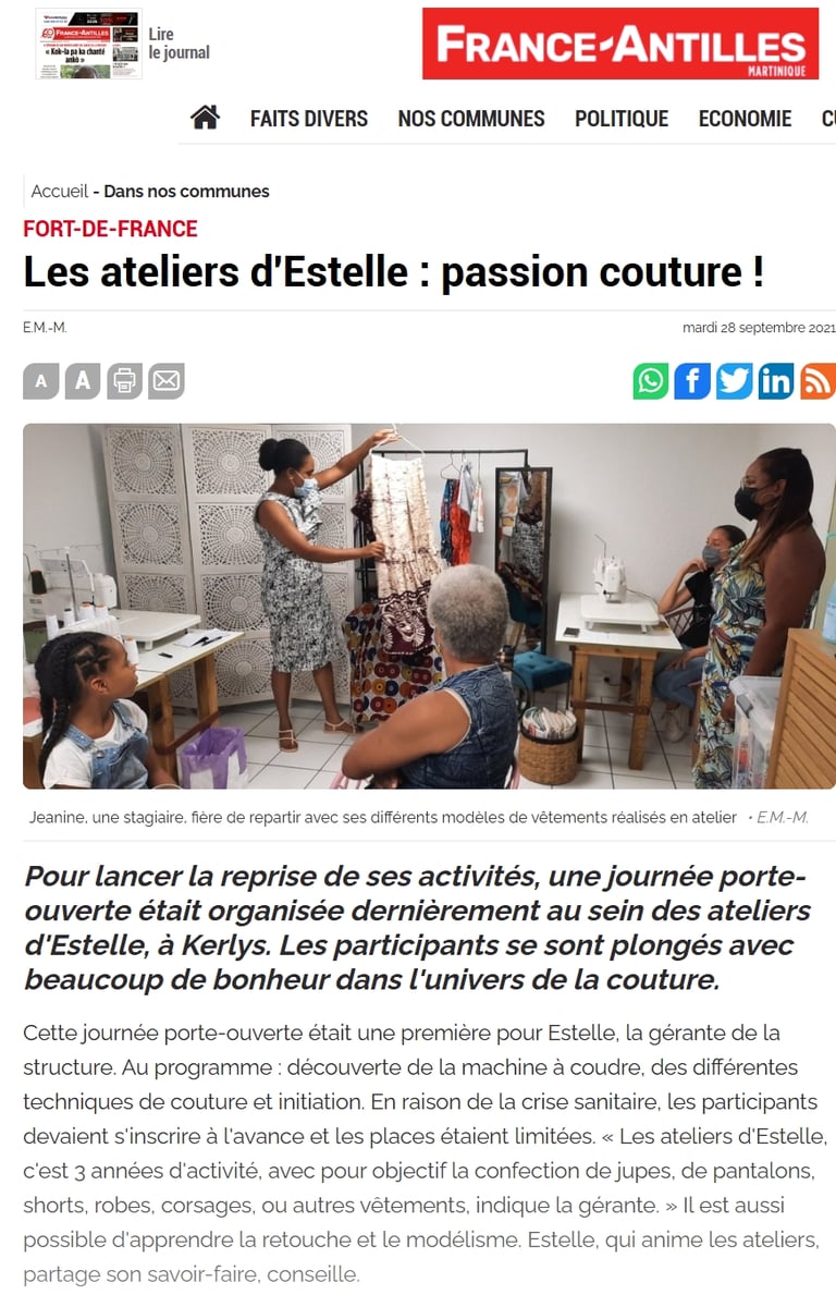 journal france antille article de estelle plustache couturiere pour les ateliers d'estelle