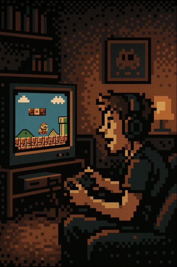 Image pixelisée d'un gamer pour le national vidéo game day.