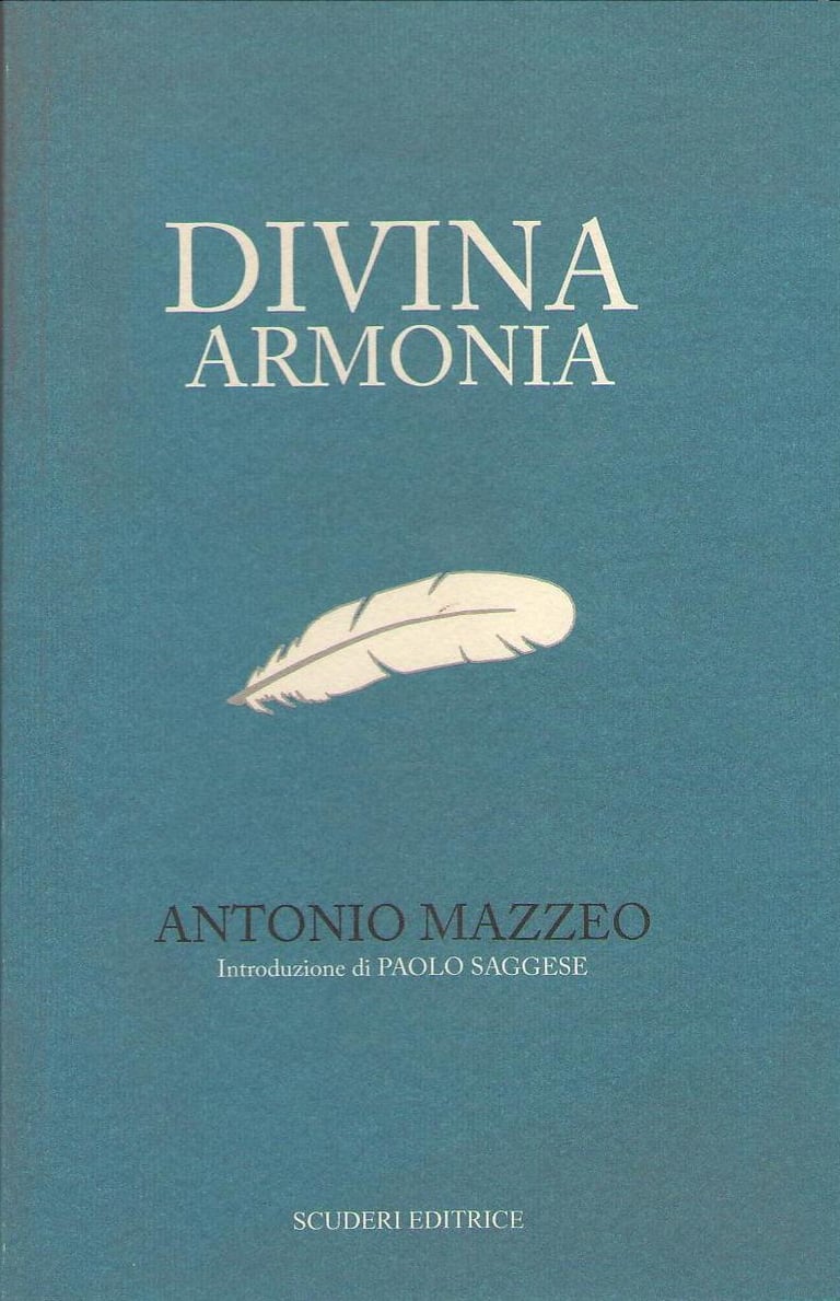 Divina Armonia book cover by Antonio Mazzeo featuring a white feather illustration on a blue background.