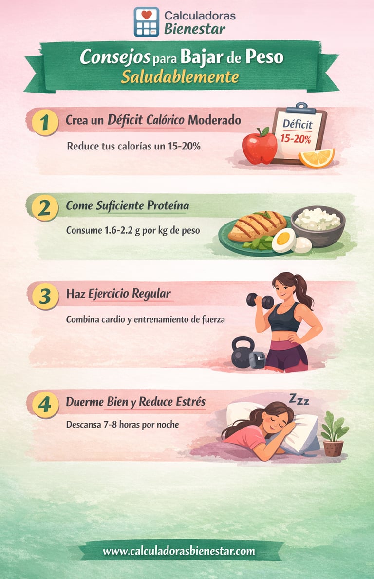 Infografía sobre déficit calórico, proteína y hábitos para bajar de peso en mujeres