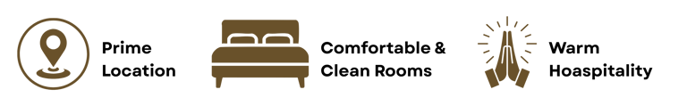 Gold icons for location pin, hotel bed, and praying hands representing travel and spiritual services.