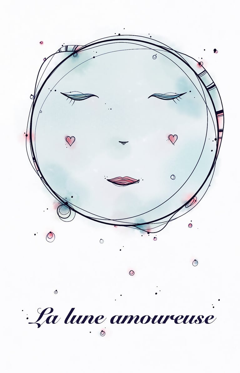 illustration lune bleu aquarelle et encre