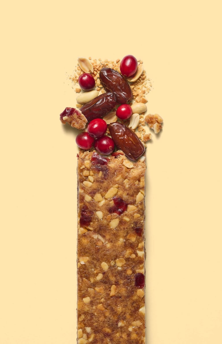 Food and packaging photography - a muesli bar with fruit and nuts