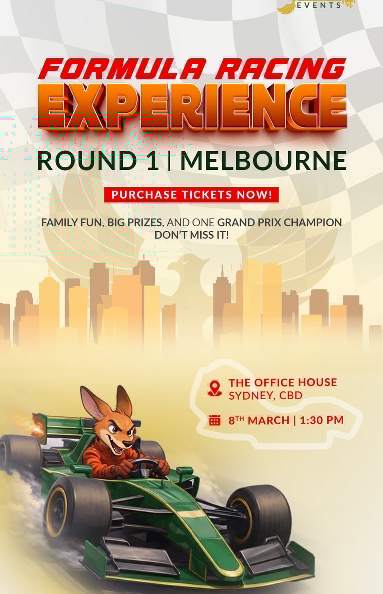 Formula Racing Experience poster for Melbourne Round 1 featuring a kangaroo driving a green race car.