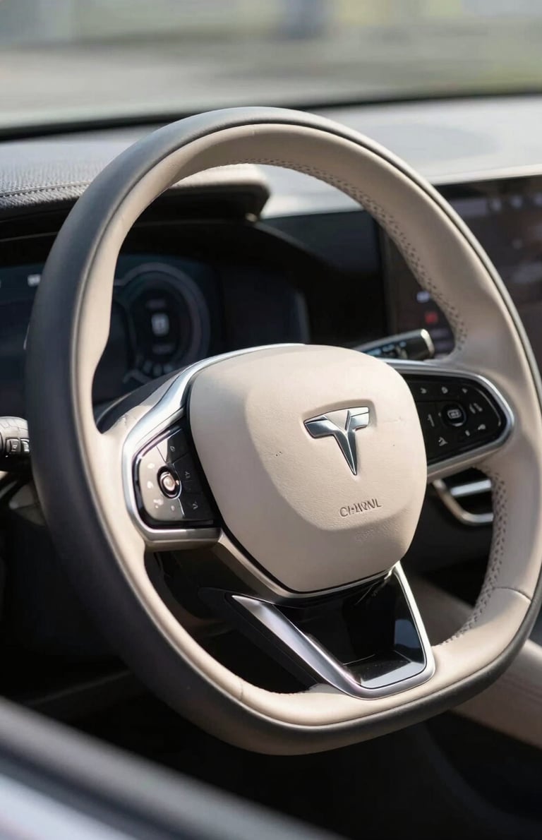 Close-up of a clean, polished steering wheel of a modern premium car, bright natural daylight, sharp focus on the leather texture, professional car photography